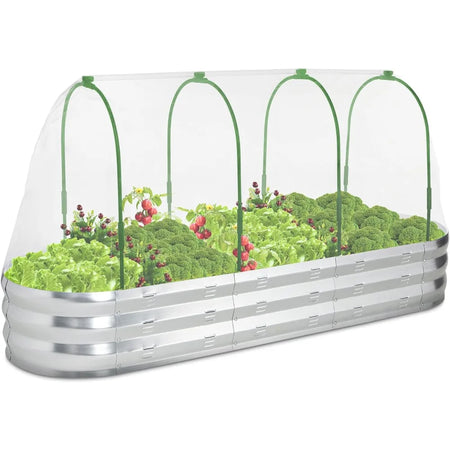 Raised Garden Bed with Greenhouse Galvanized Planter Box with 2 Greenhouse Cover for Outdoor Gardening Garden Box for