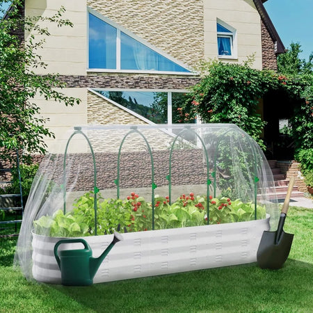 Raised Garden Bed with Greenhouse Galvanized Planter Box with 2 Greenhouse Cover for Outdoor Gardening Garden Box for
